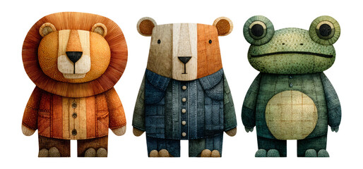 Colorful Cartoon Animal Figures: Lion, Bear, and Frog in Unique Art Style