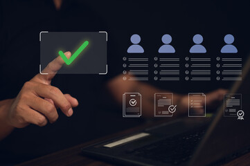 Human resources management and recruitment concept. A manager's hand is choosing a candidate and approving documents on a virtual screen. Business process, employee selection, and quality management.