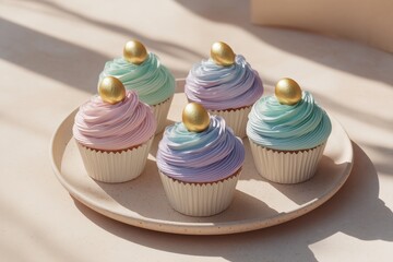 Colorful cupcakes with pastel swirls and golden egg decorations arranged on a plate in natural sunlight