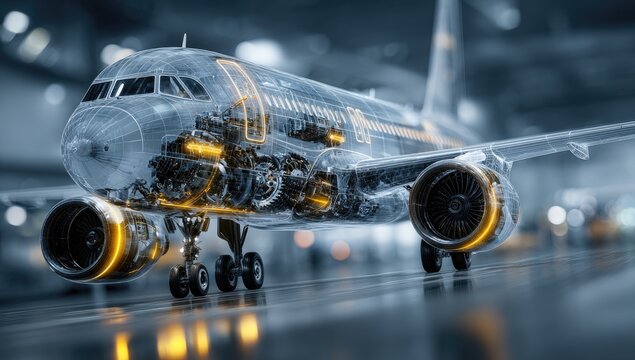 A transparent rendering of an aircraft reveals its interior components and structure