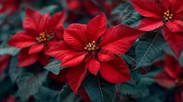 Vibrant scarlet christmas star with red poinsettia flowers surrounded by deep green foliage, showcasing the festive holiday spirit and traditional seasonal beauty in a bright and joyful floral arrange