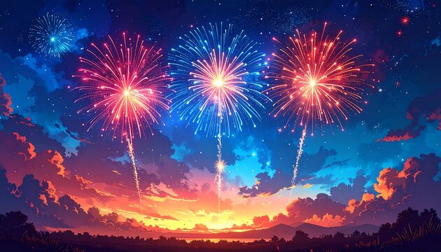 Vibrant illustration of fireworks bursting in the night sky. Beautiful colors illuminate the clouds above a dark landscape