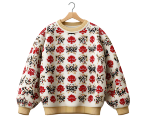 Cozy patterned nordic sweater for festive winter holidays. This red and white knitwear clothing hangs on wooden hanger, isolated. very warm and traditional garment