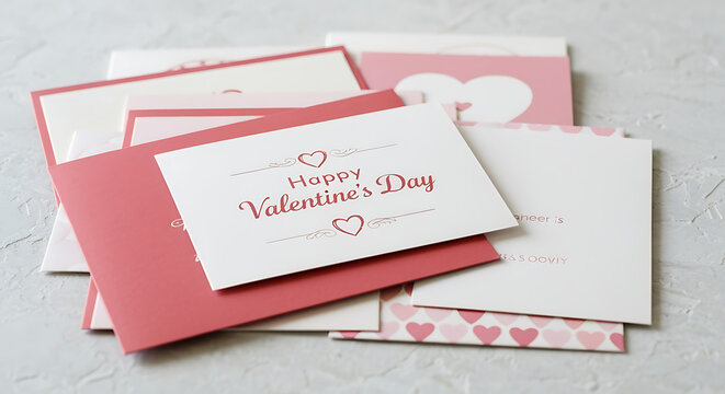 Close-up of a charming stack of assorted pink, red, and white Happy Valentine's Day greeting cards and envelopes featuring decorative hearts, perfect for expressing love, romance, and festive holiday