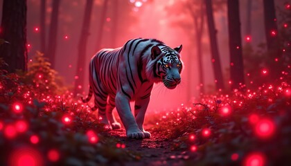 Majestic Hybrid Beast Walking Among Glowing Scarlet Blossom Trees
