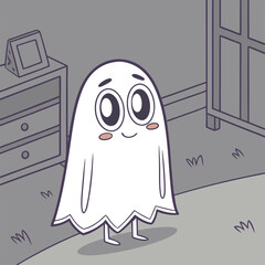 A funny, cute ghost cartoon illustration vector design with a monster face and eye for Halloween