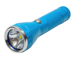 Blue portable flashlight tool for illumination. Electric torch with bright light isolated on transparency background, useful object for emergency, safety, and camping