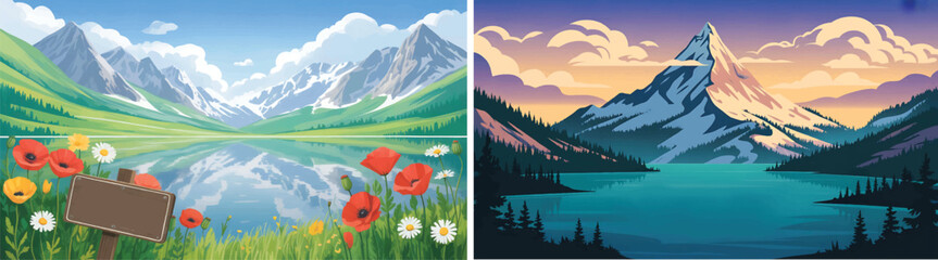 Two Nature park scene, nature background surrounded by trees and mountains.