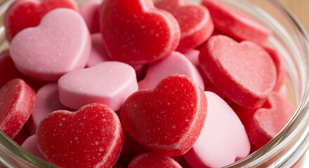 Close-up of vibrant red and soft pink heart-shaped candies overflowing in a clear glass jar, symbolizing love, romance, and sweet celebration for Valentine's Day, anniversaries, or special treats.