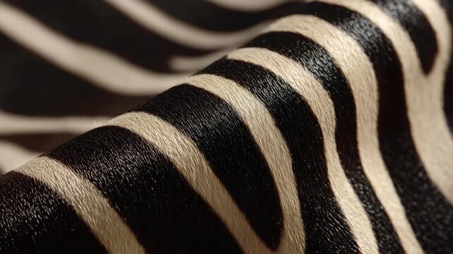A close-up view of luxurious zebra print fabric highlights its unique patterns and textures, showcasing elegance and sophistication in textile design and fashion.