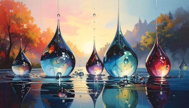 Vivid droplets reflecting a landscape with an autumnal sky and water. Five tears, each with a unique color, sit on a reflective surface. Sun shines