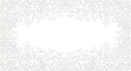 Delicate botanical line art frame with intricate leafy vines and subtle floral patterns on a clean white background, creating an elegant minimalist border design with ample copy space for text or prod