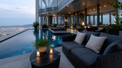 Obraz premium An elegant rooftop swimming pool overlooking a vibrant city at night, showcasing the blend of modern architecture with tranquil outdoor relaxation spaces.