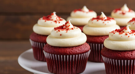Delicious red velvet cupcakes with creamy white frosting and vibrant red crumbs, arranged on a white cake stand against a warm rustic wooden background, perfect for celebrations, holidays, birthdays,