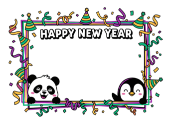 Happy New Year frame with cute panda and penguin characters, party hats, and confetti.