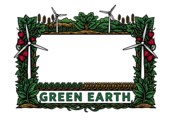 Decorative frame with wind turbines and crops symbolizing sustainable agriculture and a green planet.
