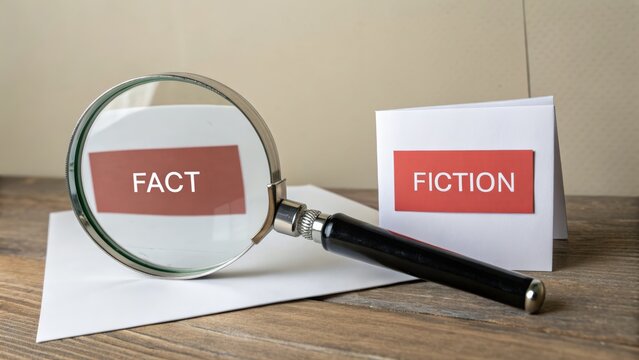 Exploring the concept of truth with magnifying glass and cards representing fact and fiction