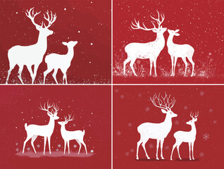 Naklejka premium Four reindeer silhouettes are set against a vibrant red background. The graceful animals are depicted in various poses, embodying holiday cheer and winter wonder.