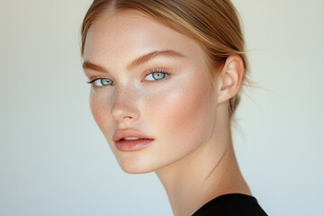 Closeup studio portrait of a young woman with flawless dewy skin, subtle makeup, freckles and light blue eyes. Elegant minimal styling emphasizes natural beauty and soft lighting.