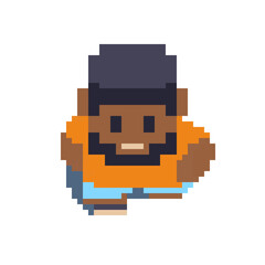 Pixel art character viewed from the top, wearing an orange shirt and blue pants, designed in retro 8-bit style for game environments.