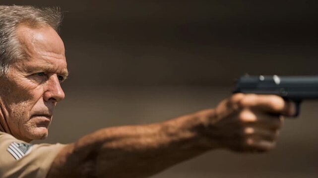 competitive marksman poised to take shot at bullseye with bright expression of satisfaction on their face