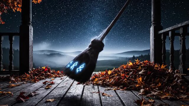 Enchanted Broom Sweeping Leaves on Porch at Night Under Starry Sky
