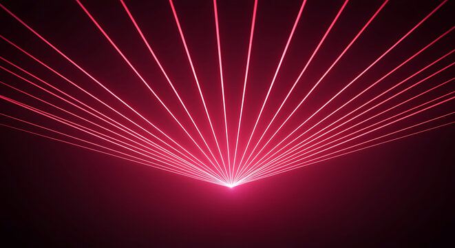 Dynamic abstract red laser beams radiating outwards from a central point on a dark background, creating a futuristic light show effect, ideal for technology, party, nightclub, energy, data communicati