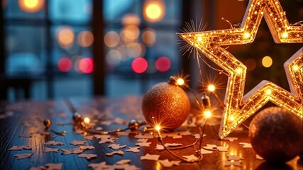 A glowing star decoration with Christmas ornaments on a wooden table. Soft lights illuminate the background, creating a warm holiday atmosphere. - Powered by Adobe