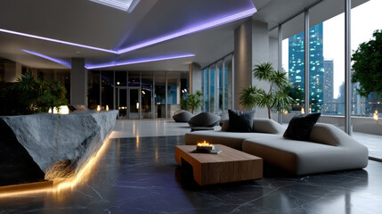 A modern lobby featuring sleek furniture and stone accents, illuminated by ambient lighting, creating a sophisticated and inviting atmosphere that encourages relaxation.