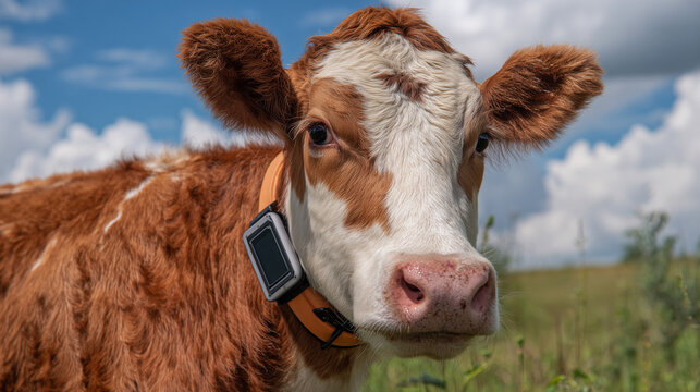 Cow wearing GPS collar in grassy pasture.