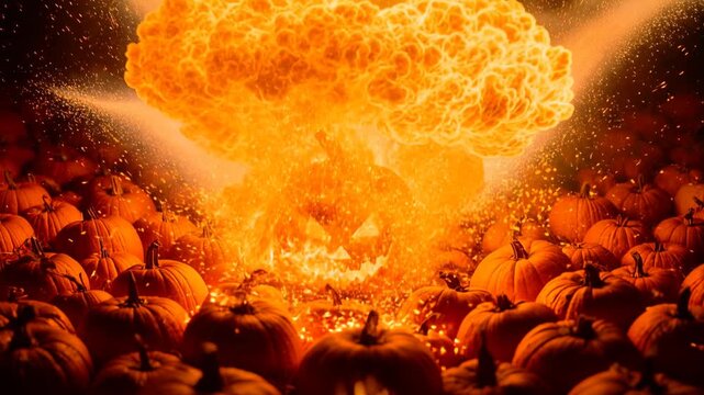 Zucca di Halloween Jack Lanterna fiammeggiante con espressione spaventosa esplode tra il fuoco