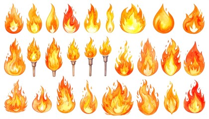 Watercolor illustrations showcasing varying fire flames, torches, and embers in vibrant shades of orange and yellow against a clean white backdrop