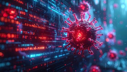 Digital rendering depicts a virus floating near a binary code screen, representing data and disease interaction. The artwork uses red and blue tones