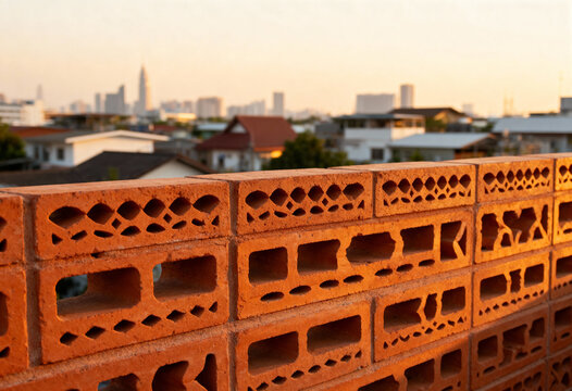  Terracotta Breezeblock Wall at Golden Hour with City Skyline