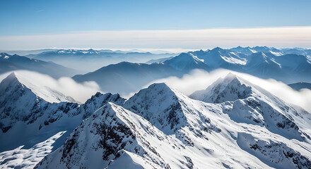 Snowy mountain peaks under a blue sky with clouds creating a serene and majestic winter landscape ai generated