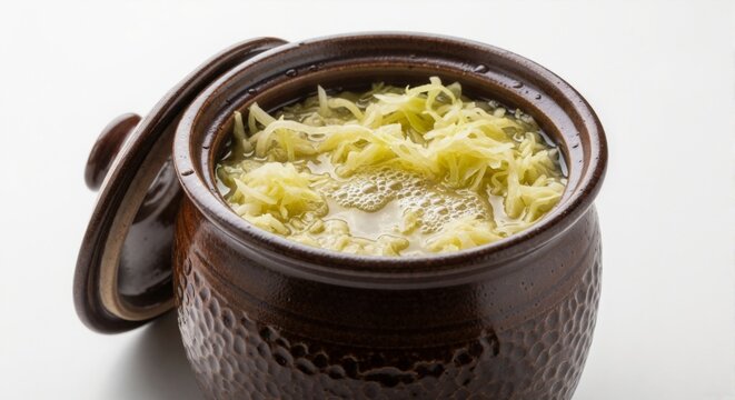 Traditional ceramic crock filled with fermented cabbage, lid slightly open. Homemade sauerkraut in brine. Healthy probiotic food for gut health concept