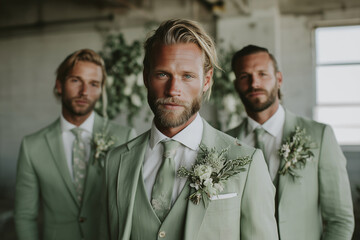 Stylish groom and groomsmen in matching sage green suits pose indoors for a wedding portrait, showcasing tailored menswear, floral boutonnieres and modern vintage atmosphere.