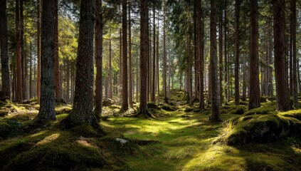 Obraz premium Dense woodland scene. Tall trees filter sunlight, casting shadows on a mossy forest floor