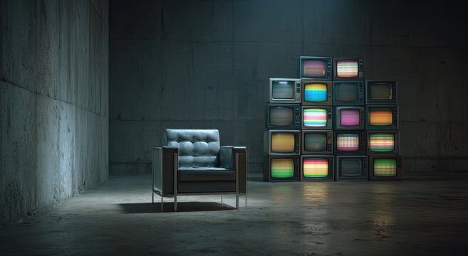 Modern chair facing a stack of old TVs in a dim concrete room, with static displayed on screens
