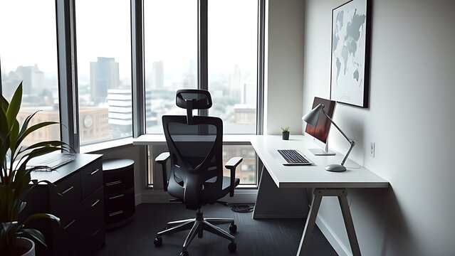 A modern workspace with an ergonomic chair and minimalist desk, overlooking a cityscape.
