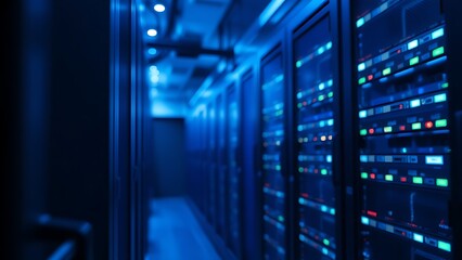Technical environment featuring server racks illuminated by cool blue lighting.