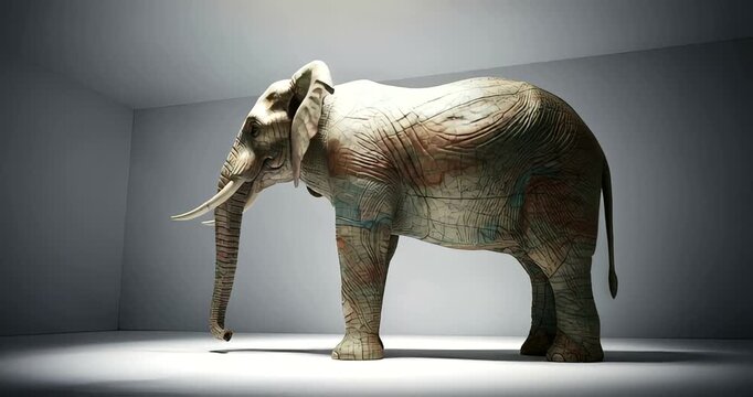 Majestic elephant sculpture with intricate map design in a minimalist setting