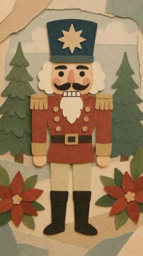 Whimsical nutcracker soldier crafted from textured paper, shot from a top-down angle. Perfect for a festive holiday video backdrop. Live mobile wallpaper.