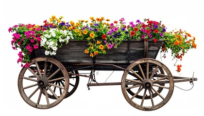 Fototapeta premium Antique wooden wagon overflowing with colorful flowers