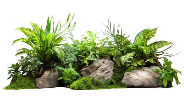 Natural landscape with rock and tropical greenery in the garden isolated on transparent background.
