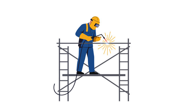 A welder in blue overalls works atop gray scaffolding sparks flying