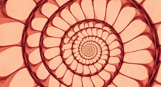 Intricate spiraling golden ratio pattern in warm reddish-brown and peach tones, mimicking a nautilus shell or fractal design, abstract geometric background for natural science, mathematics, organic co