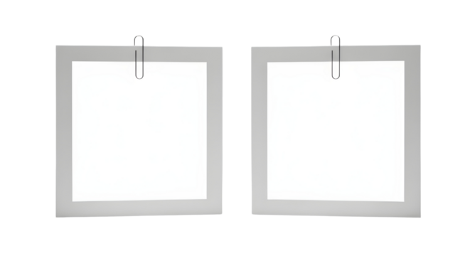 Two blank square photo frames attached with paper clips isolated PNG with Transparent Background