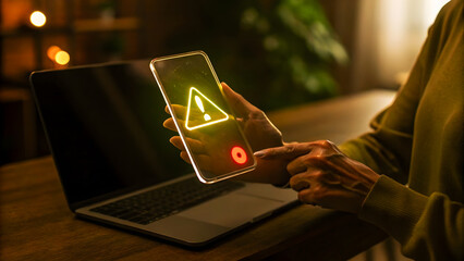 Senior woman receives a warning message on her smartphone, indicating a potential security threat or system error while using a laptop at home