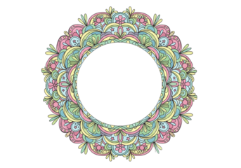 Whimsical Pastel Mandala Frame with Floral and Star Elements on Black Background